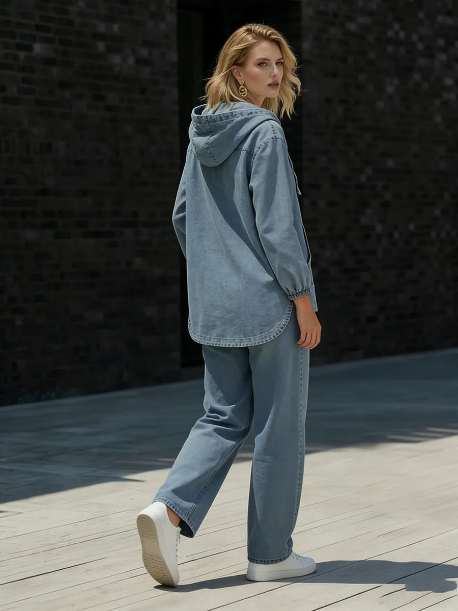 Casual Hooded Button-up Denim Two-piece Set
