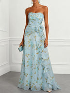 Light Blue Floral 3D Floral Tulle Strapless Sleeveless A-Line Floor-length Gown Dress