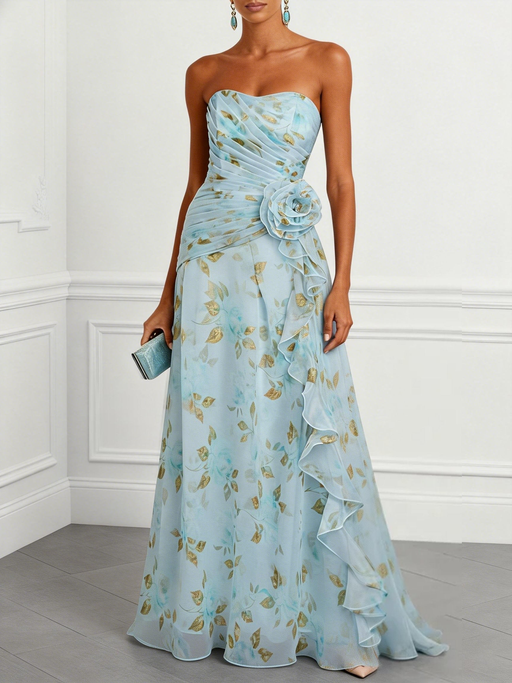Light Blue Floral 3D Floral Tulle Strapless Sleeveless A-Line Floor-length Gown Dress