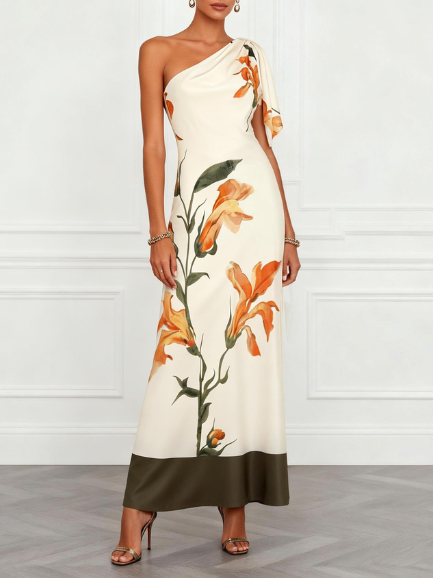 Off White Floral Peplum Satin One Shoulder Sleeveless A-Line Maxi Dress