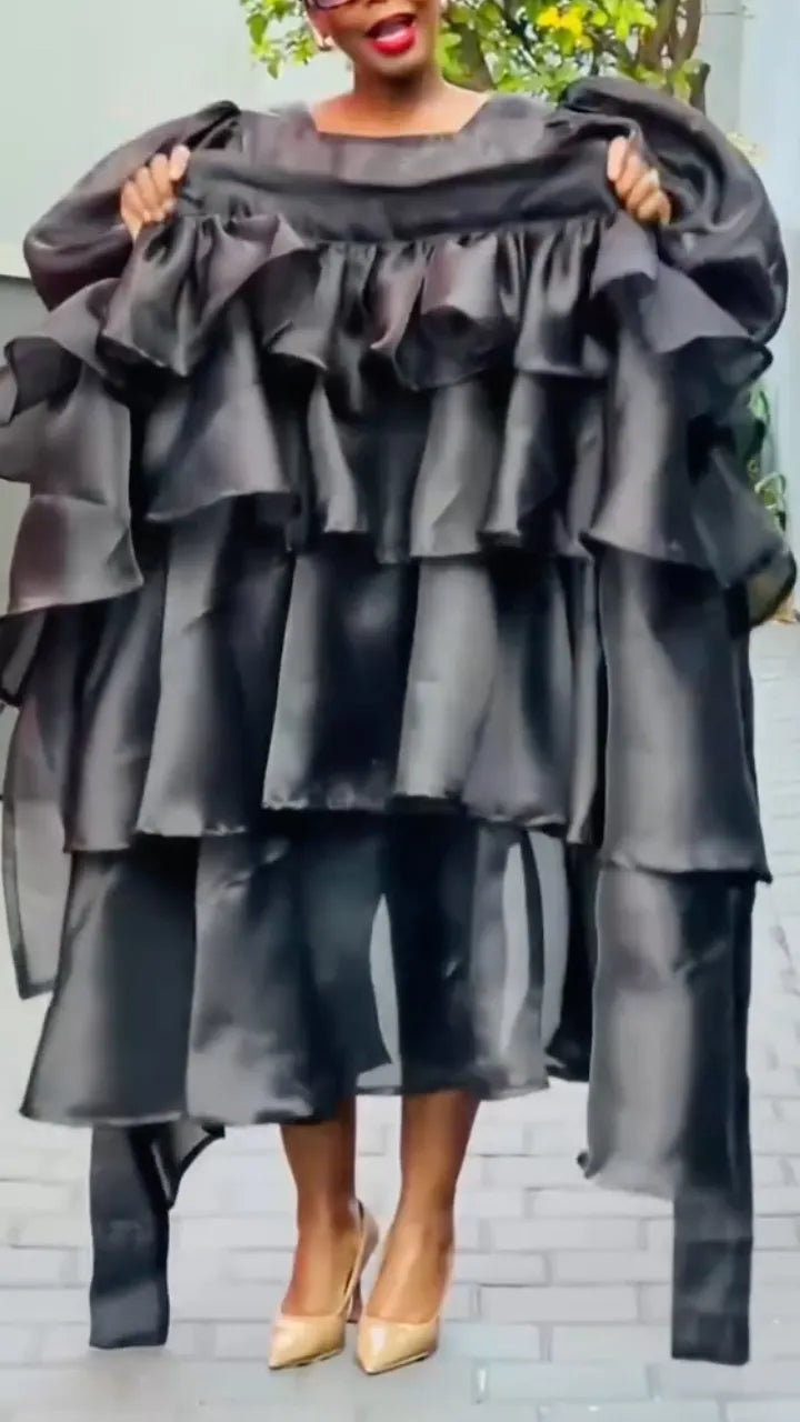 Black Multi-Layer Ruffled Satin Maxi  Set