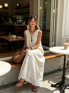 Beige Linen-Blend Sleeveless Lace Hem Maxi Dress