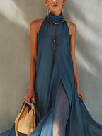 Blue Chiffon Sleeveless Maxi Dress