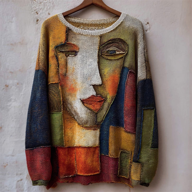 Vintage Abstract Face Colorblock Patchwork Knit Sweater
