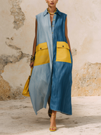 Oversized Color-Block Denim Sleeveless Maxi Shirt Dress With Statement Pockets