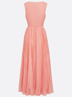 Orange Hollow Out Pleated Chiffon Crew Neck Sleeveless A-Line Maxi Dress