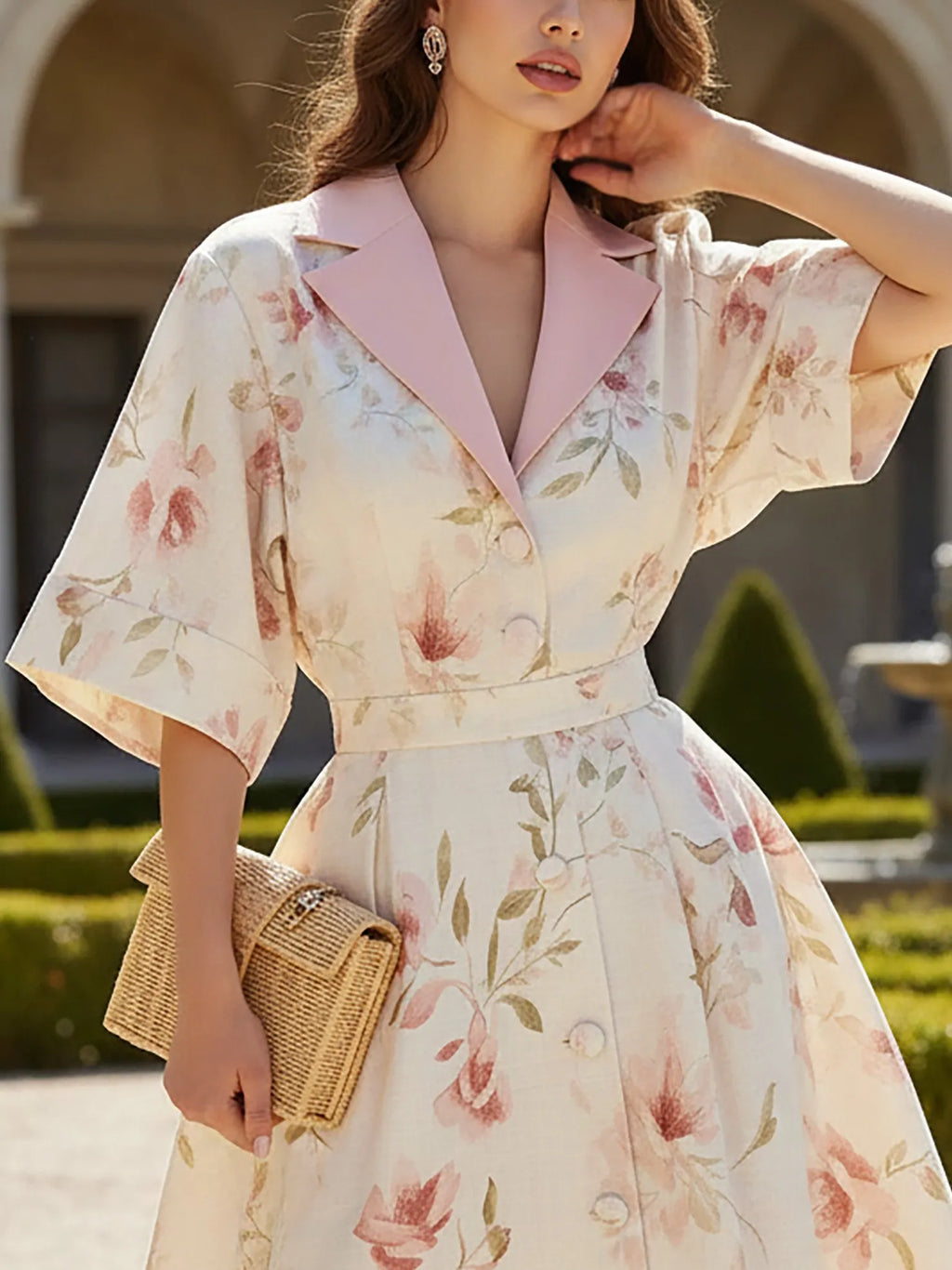 Midi Linen Dress, Half Sleeve, Shawl Collar, Floral, Button Design, Vacation, Vintage, White