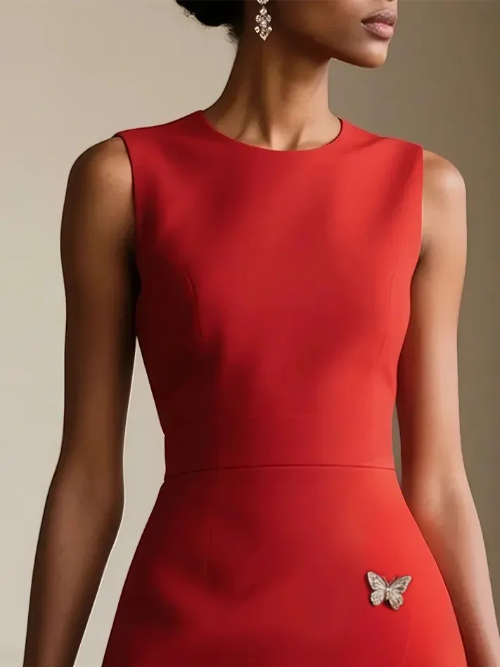 Red Butterfly Buckle Classic Crew Neck Sleeveless A-Line Mini Homecoming Dress