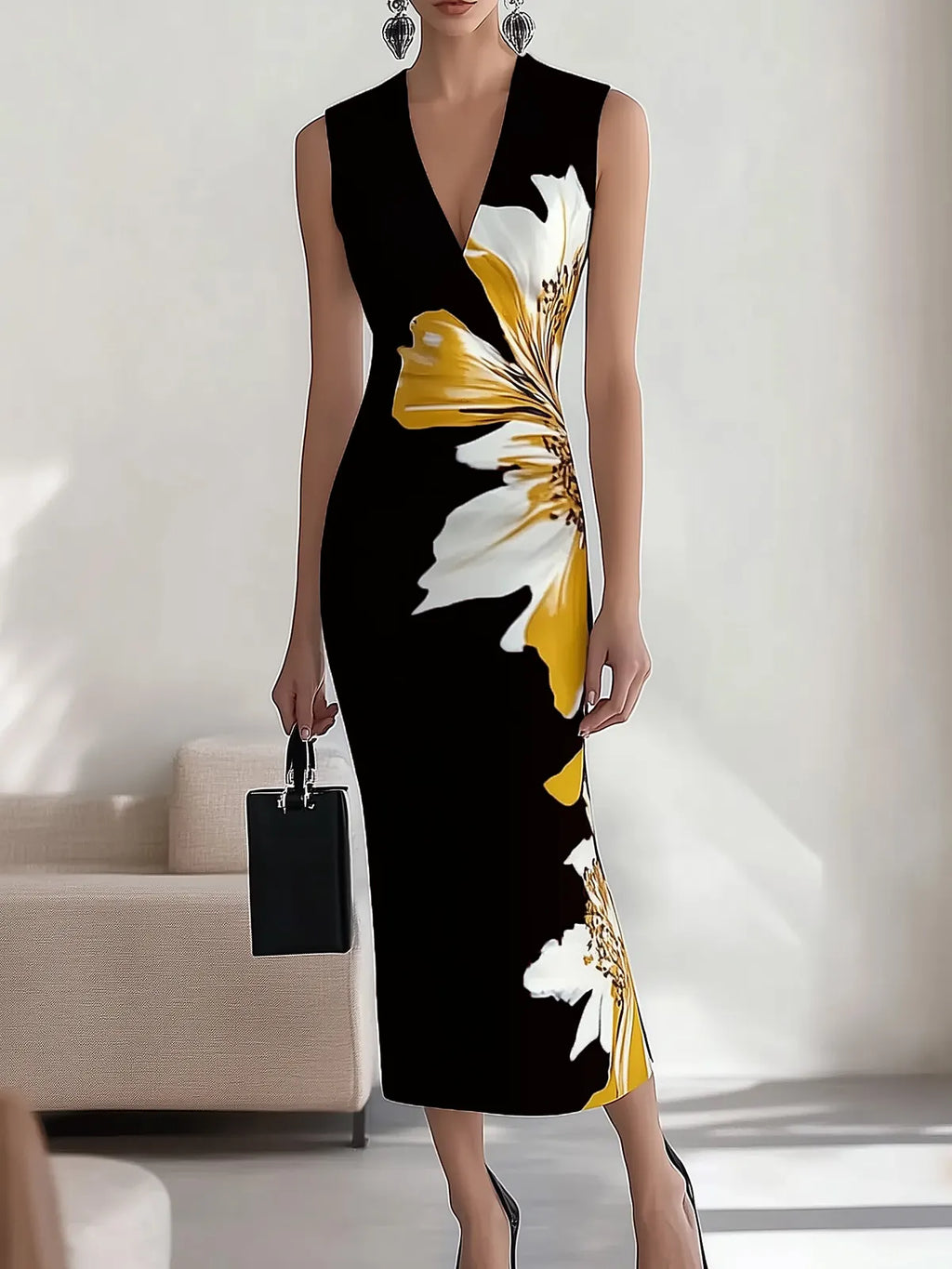 Navy Blue V-Neck Sleeveless Dress with Floral Print