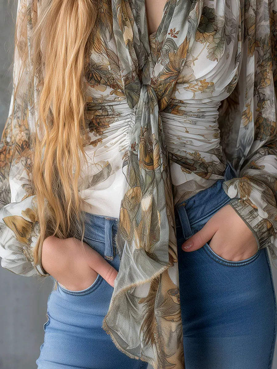 Boho Tie-Neck Floral Chiffon Tie-Neck Blouse With Gathered Waist