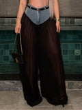 Denim Corset Waist Sheer Chiffon Wide Leg Pants