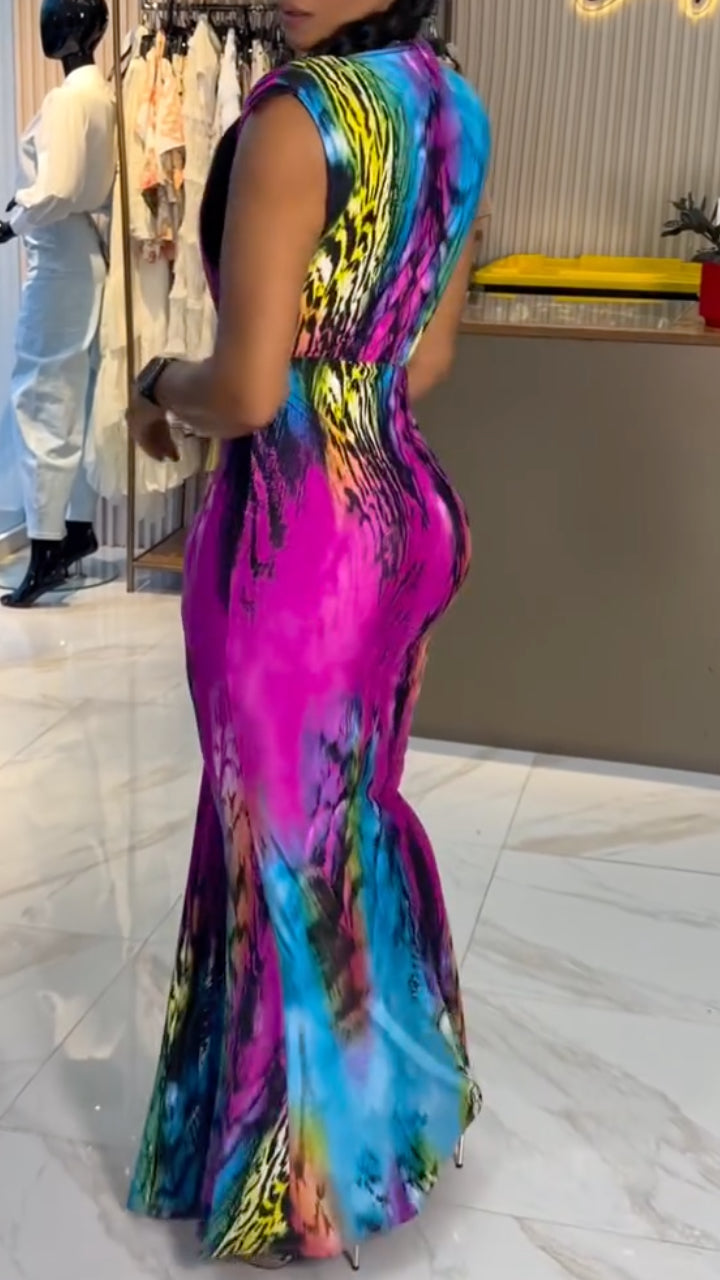 Colorful Tie‑Dye Deep V Twist Maxi Dress