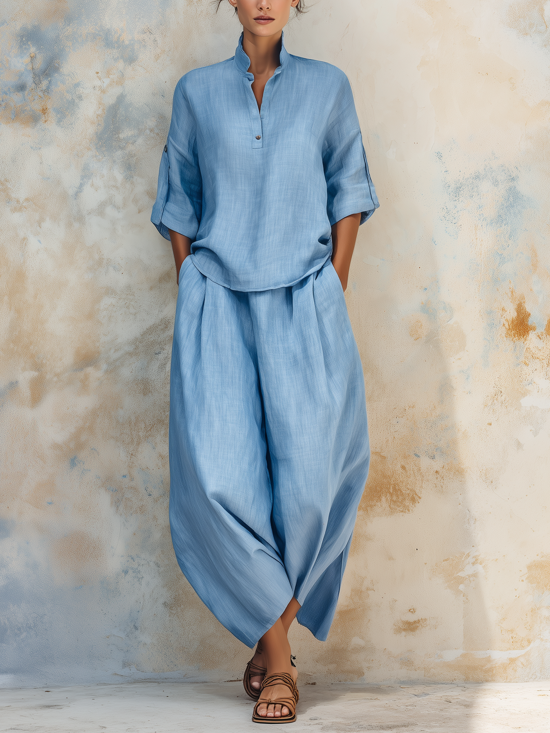 Light Blue Denim Loungewear Set, Half Sleeve Top & Wide Leg Pants 2 Piece Outfit