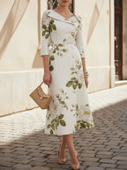 Midi Linen Dress, Half Sleeve, Shawl Collar, Floral, Button Design, Vintage, White