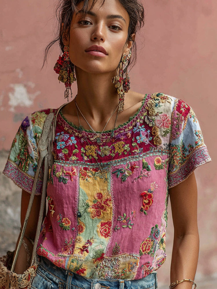 Women's Vintage Bohemian Floral Embroidery Art Round Neck Short Sleeve T-shirt