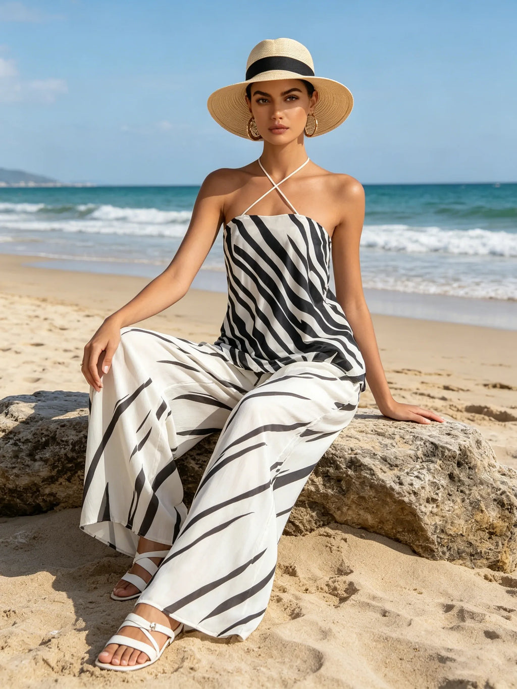 Abstract Stripe Halter Top & Wide-Leg Pants Set