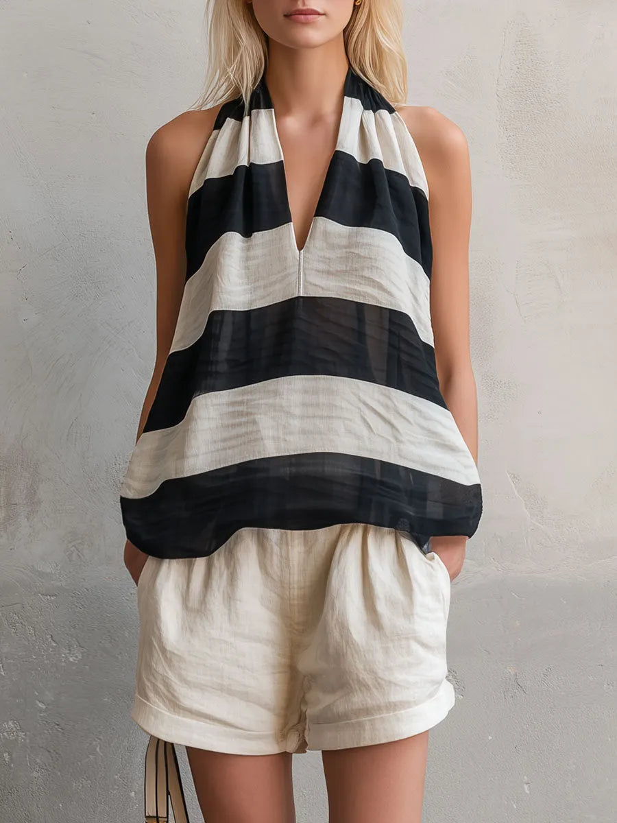 Casual Retro Striped Sleeveless Chiffon Blouse And White Cotton Linen Shorts Set