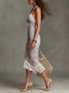 Bohemian Halter Watercolor Print Ruched Midi Dress