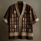 Vintage Geometric Text Art Linen V-neck Shirt