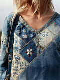 Vintage Floral Japanese Sashiko Embroidered Patchwork Linen Tunic