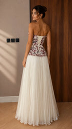 Strapless Gradient Floral Applique Pleated Tulle Evening Dress
