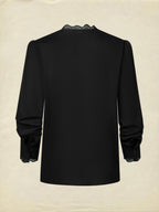 Linen Shirt, Half Sleeve, V Neck, Plain, Lace, French Vintage, Black