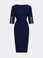 Purplish blue Faux Pearl Classic Crew Neck Half Sleeve Sheath Midi Dress