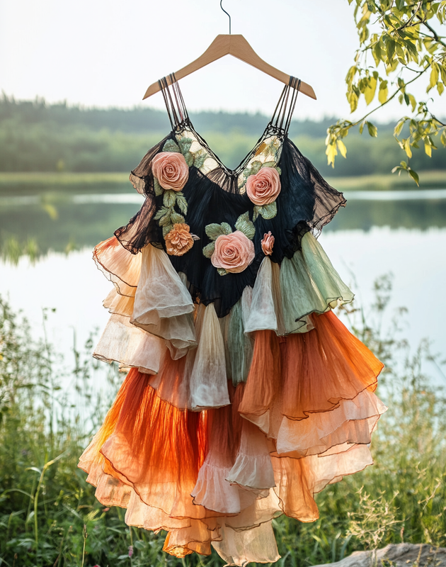 Summer Handmade Floral Colorful Patchwork Dress 979e