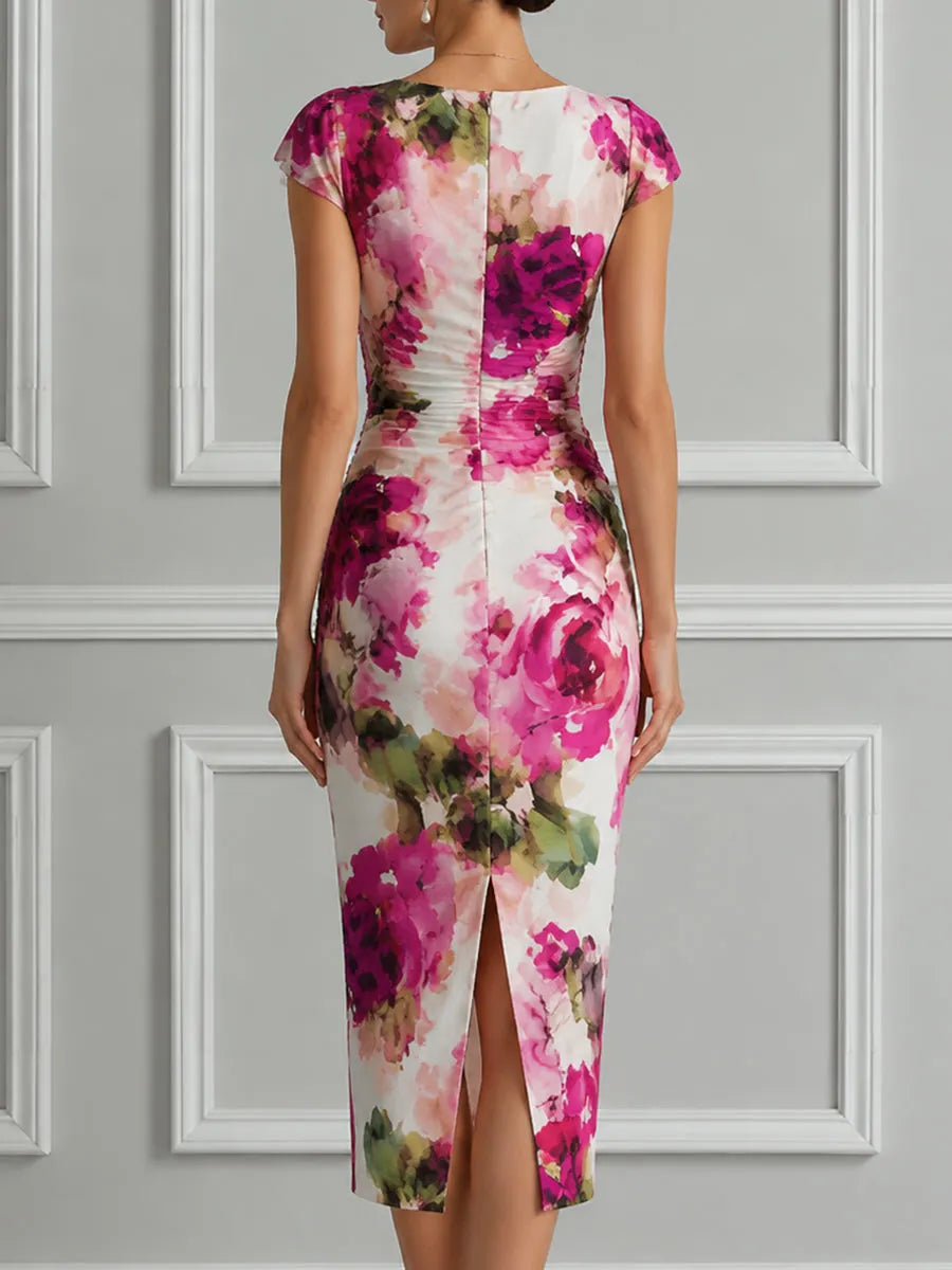 Elegant Floral Ruched Bodycon Midi Dress