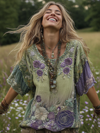 Classy Gradient Purple Lavender And Floral Embroidered Linen Short Sleeve T-shirt