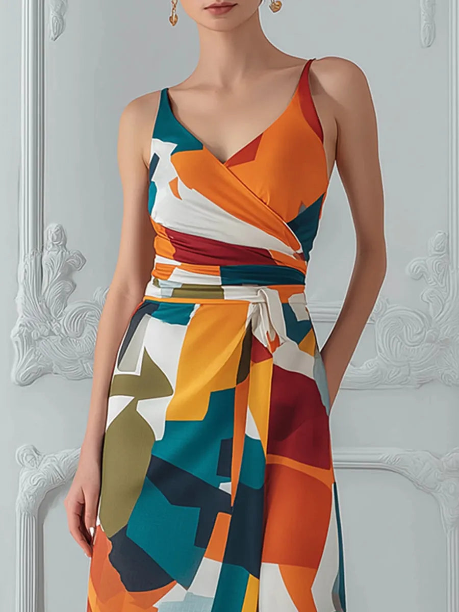 Color Block Abstract Print Wrap Midi Dress