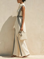 Cream Structured Cowl-Neck Top & Striped Wide-Leg Pants Set