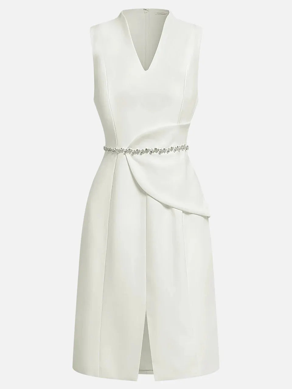 White V Neck Sleeveless Rhinestone Slit A-Line Midi Dress