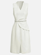 White V Neck Sleeveless Rhinestone Slit A-Line Midi Dress