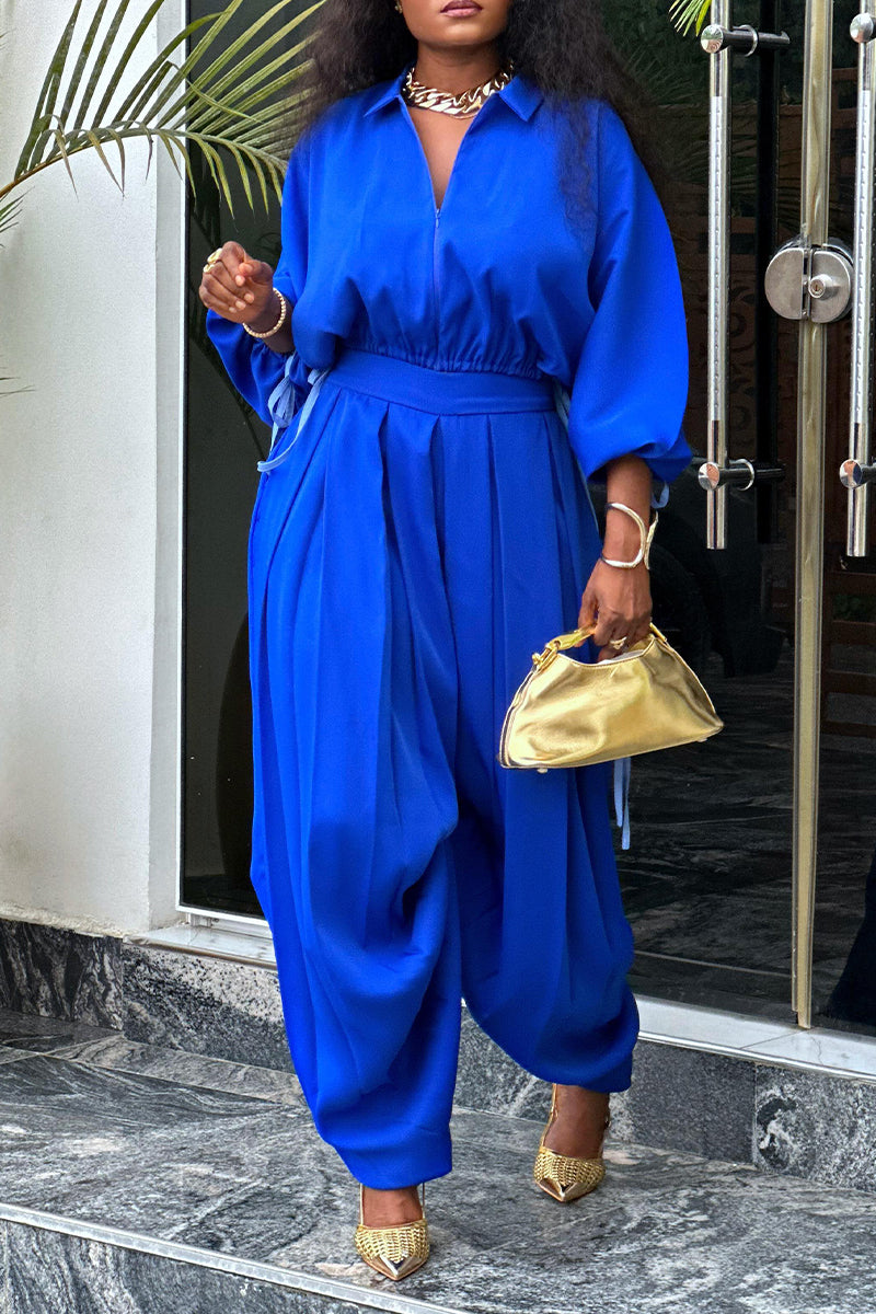 Women's Casual Lapel Batwing Sleeve Top Loose Pants Two-Piece Set