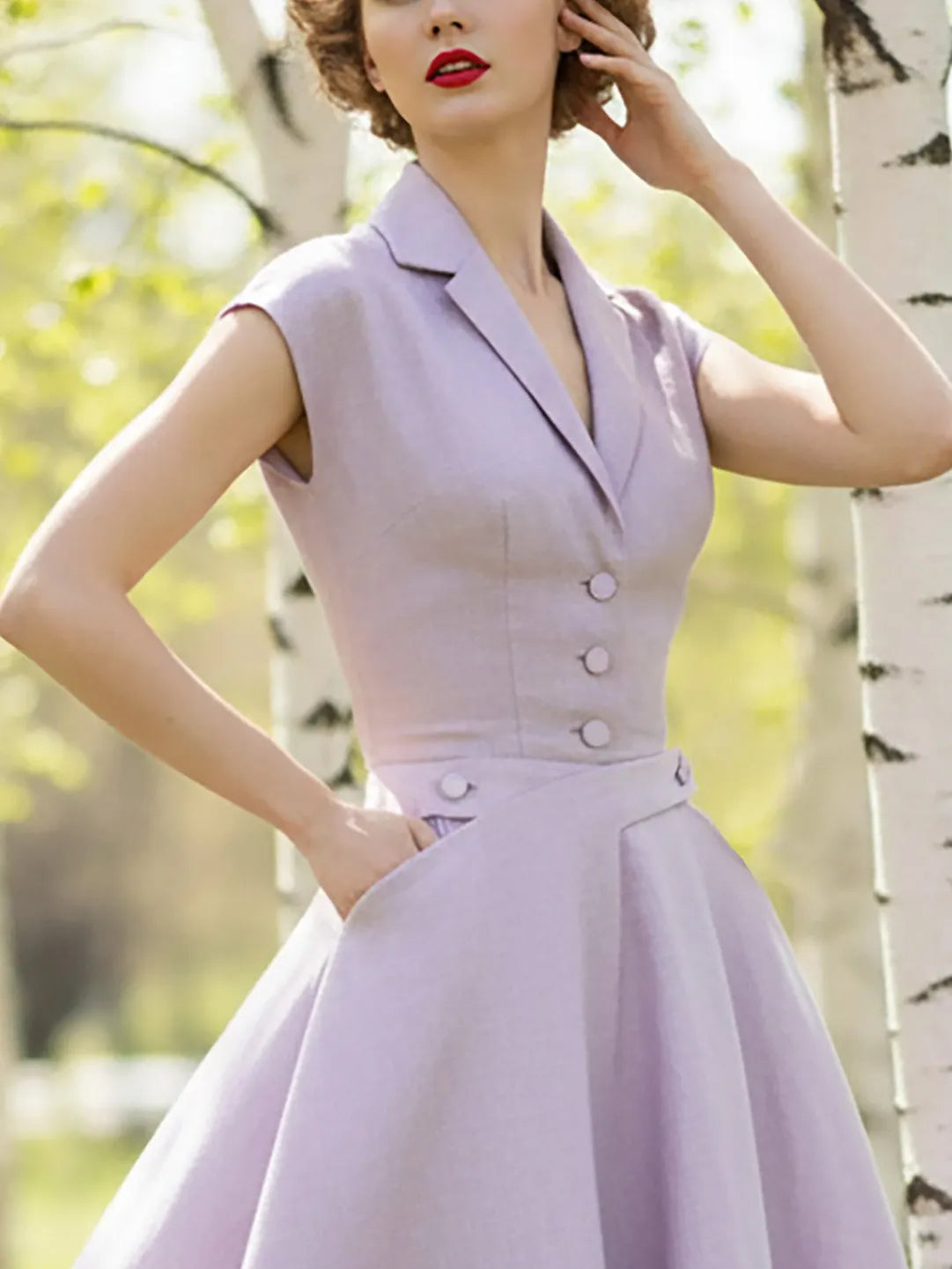 Midi Linen Dress, Sleeveless, Lapel Collar, Plain, Button Design, French Vintage, Light Purple