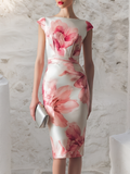 Pink Floral Satin Boat Neck Short Sleeve Sheath Midi Dress