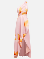 Pink Asymmetric Floral Classic One Shoulder Sleeveless A-Line Maxi Dress