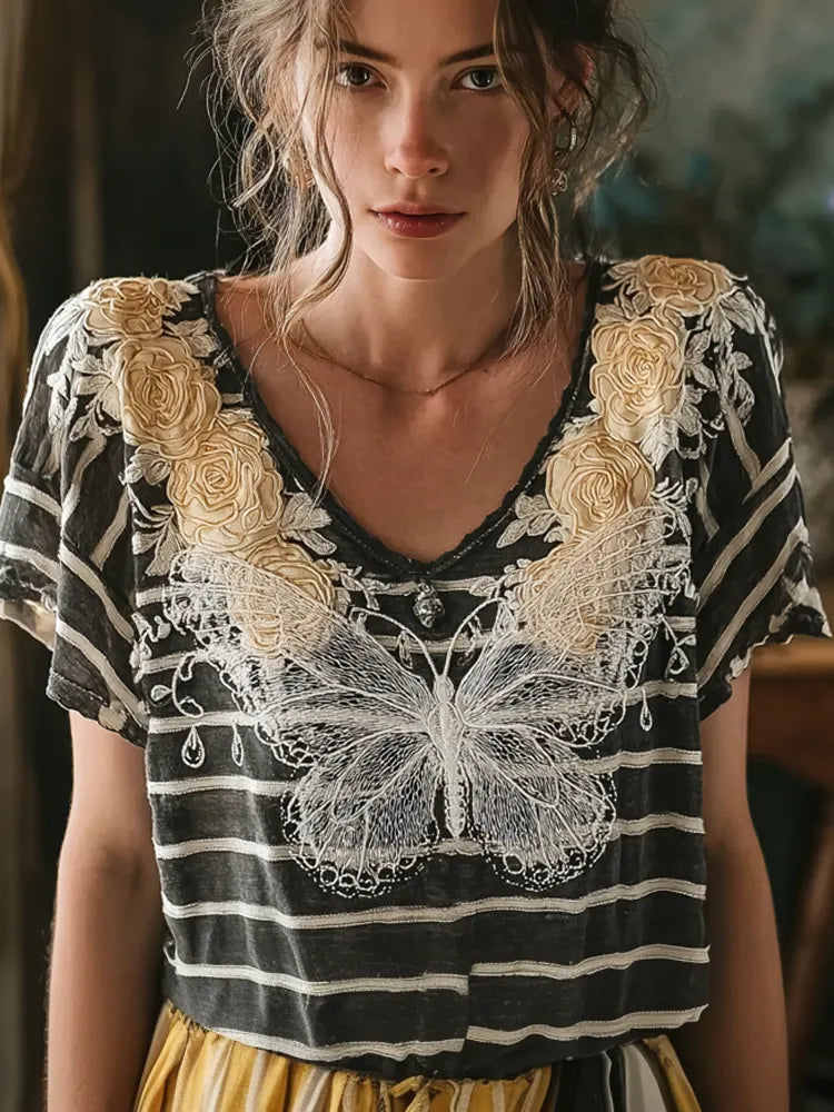 Butterfly Flower Embroidery Patchwork Striped Design Women's Summer Linen T-shirt