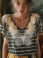 Butterfly Flower Embroidery Patchwork Striped Design Women's Summer Linen T-shirt