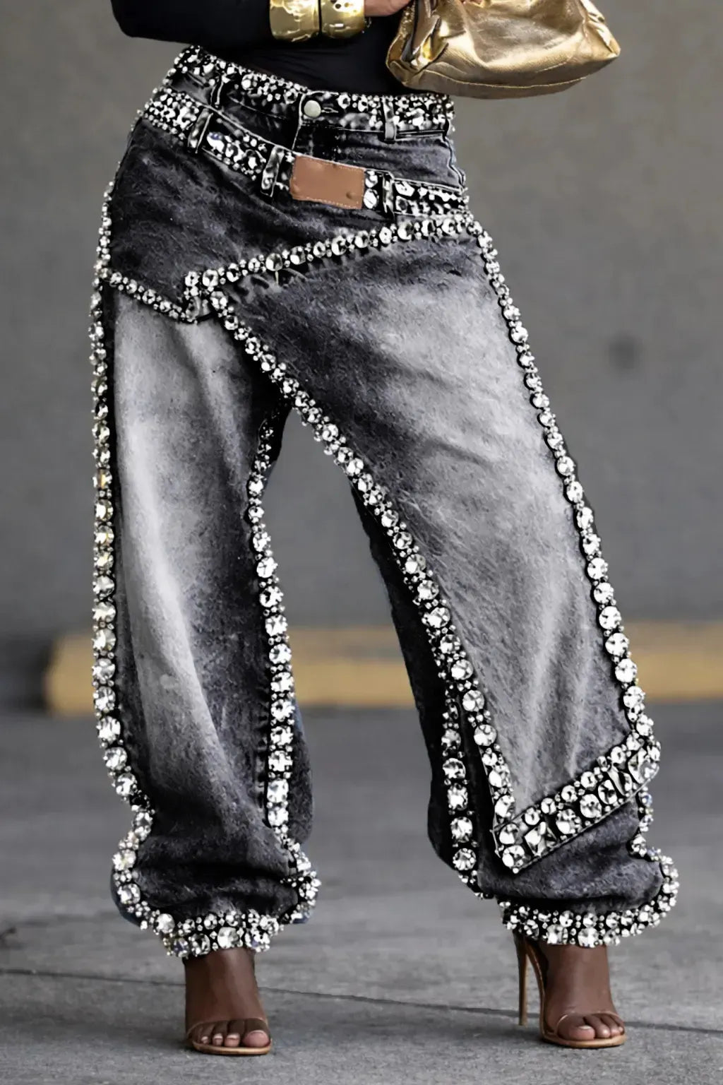 Women's Diamond-Encrusted Faux Two-Piece Denim Jeans