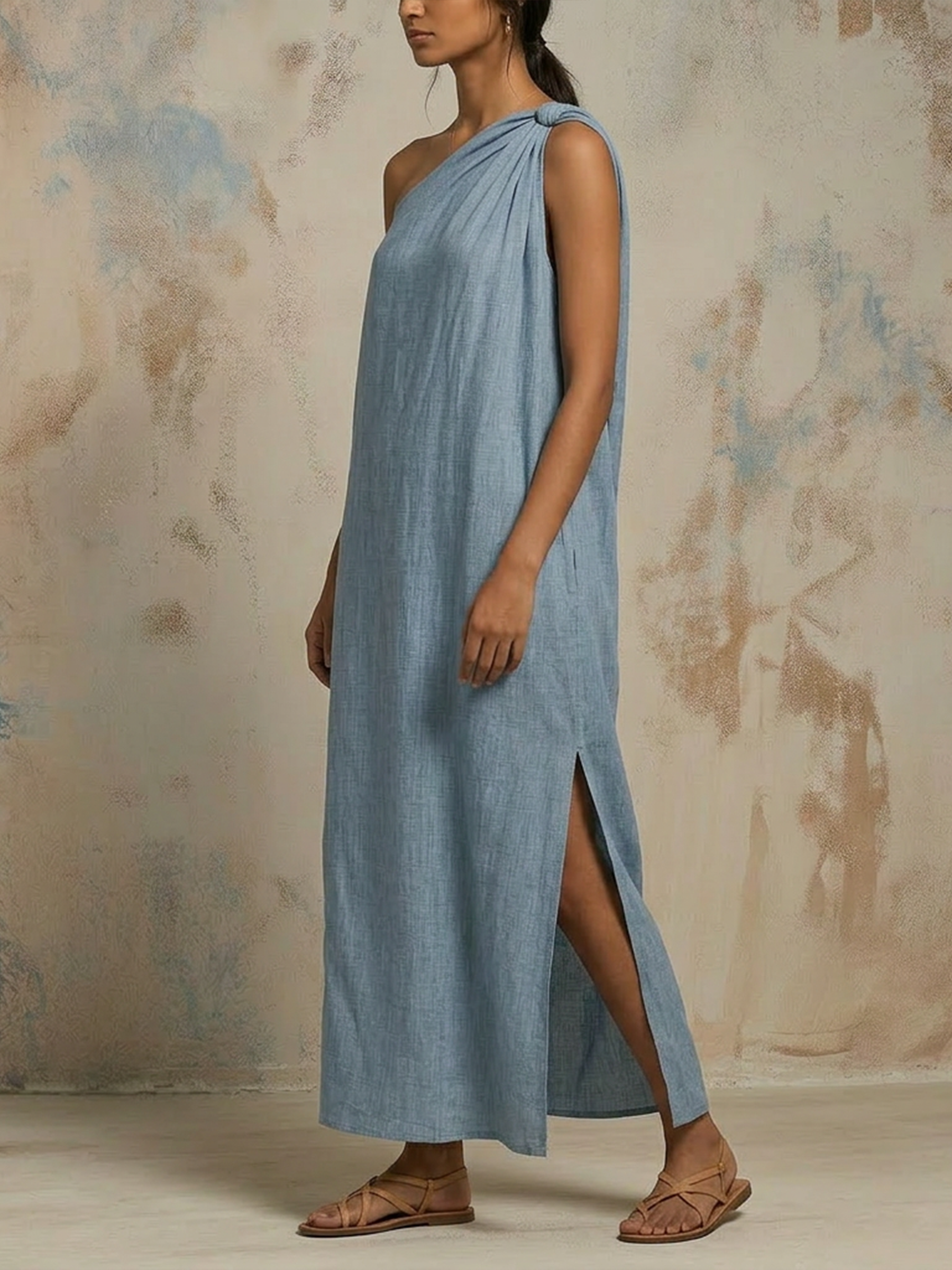 Asymmetric One-Shoulder Linen-Cotton Maxi Dress