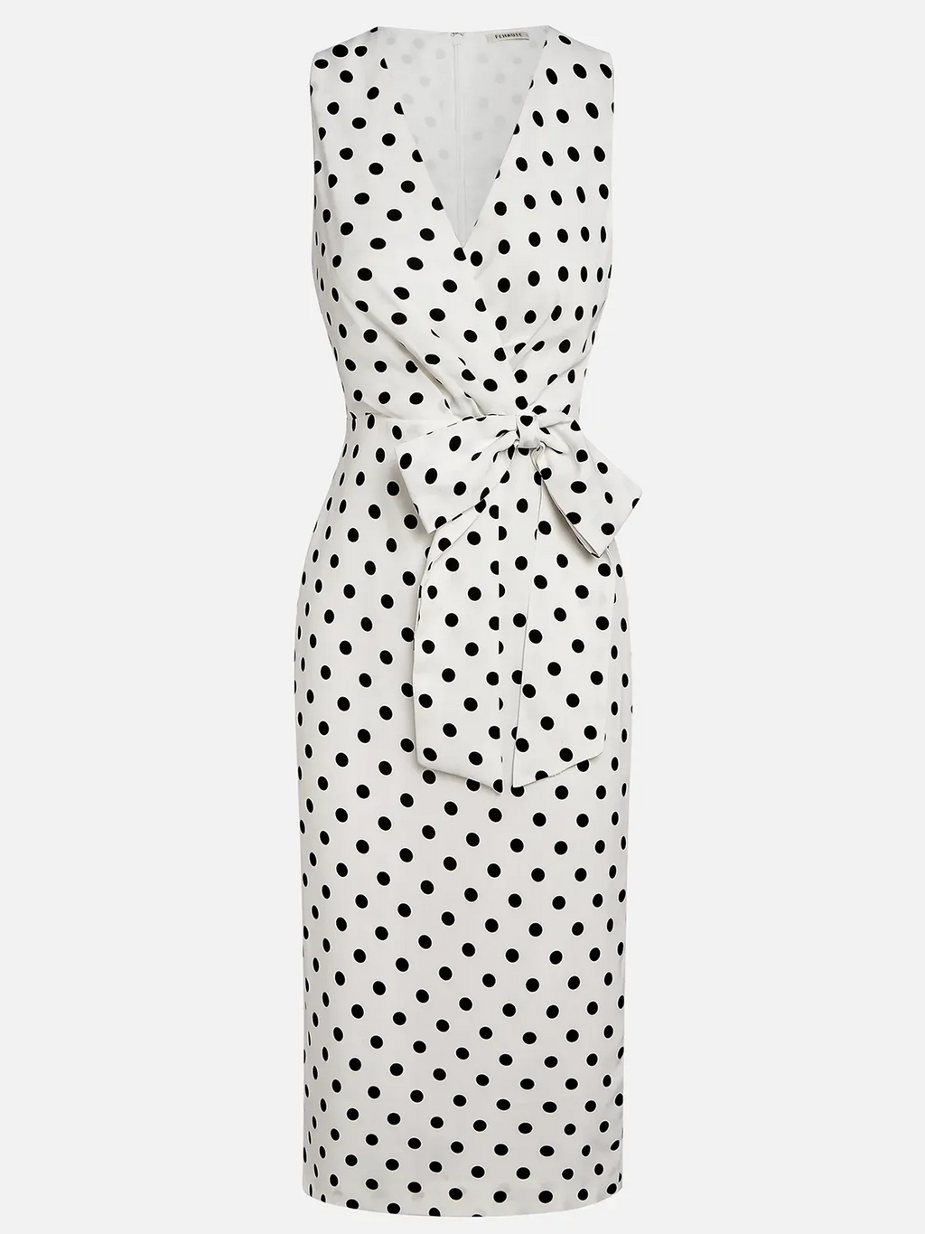 White Polka Dots Bow Classic V Neck Sleeveless Sheath Midi Dress