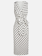 White Polka Dots Bow Classic V Neck Sleeveless Sheath Midi Dress