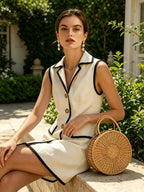 Cream Sleeveless Blazer Mini Dress With Black Contrast Trim