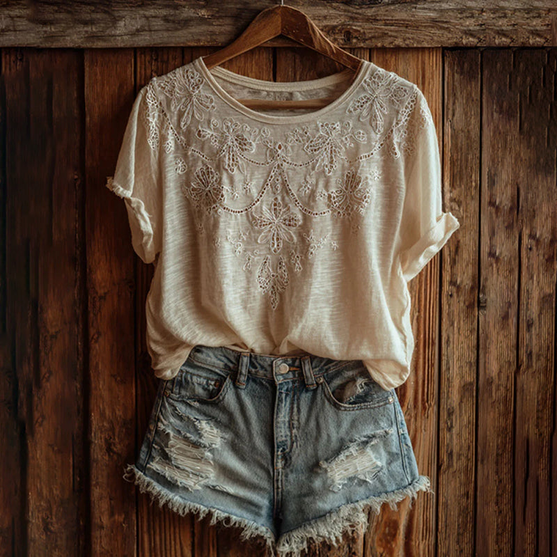 Women's Retro Lace Floral Embroidery Casual Short-sleeve T-shirt