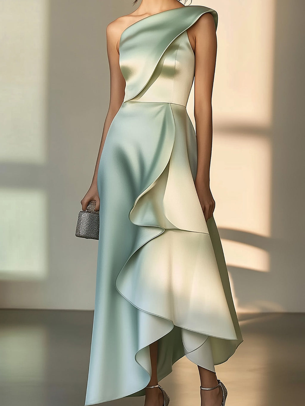 Light Green Ombre Satin Dress with Asymmetric Ruffles