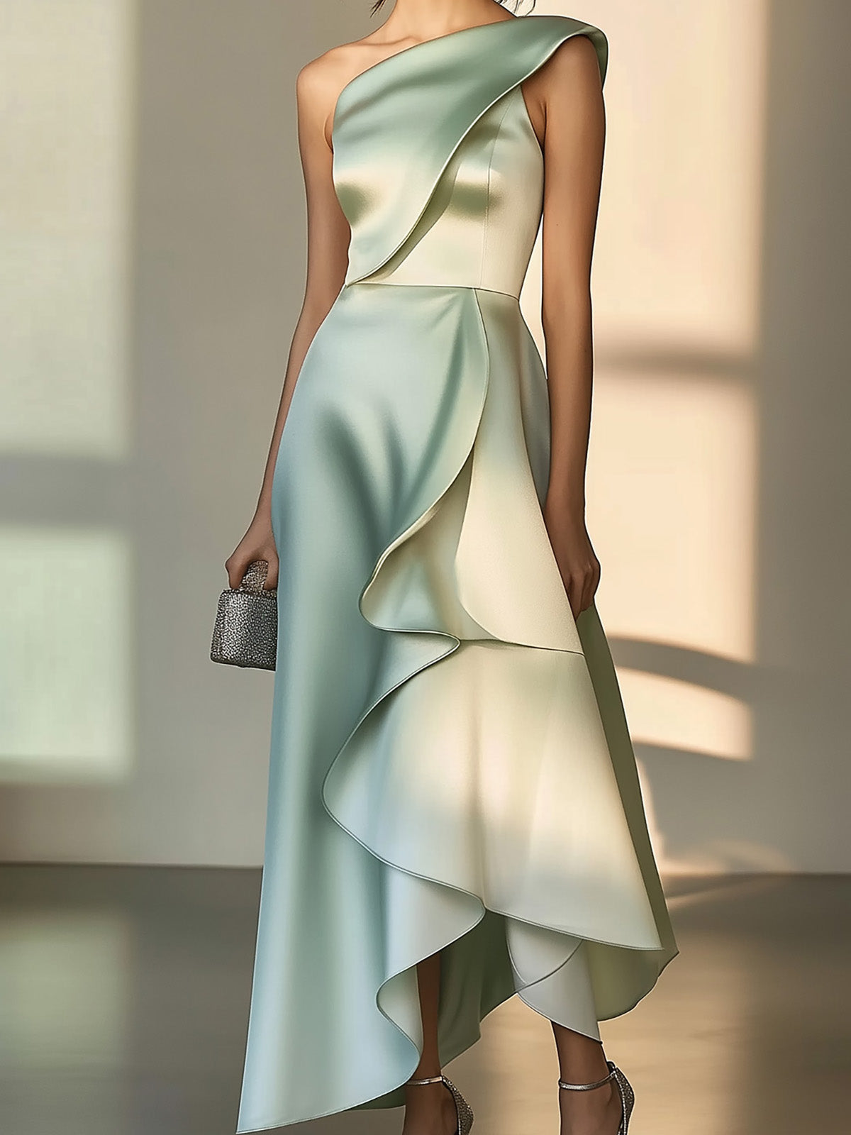 Light Green Ombre Satin Dress with Asymmetric Ruffles