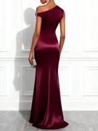 Burgundy Split Joint Ruched Satin One Shoulder Sleeveless Mermaid Maxi Dress