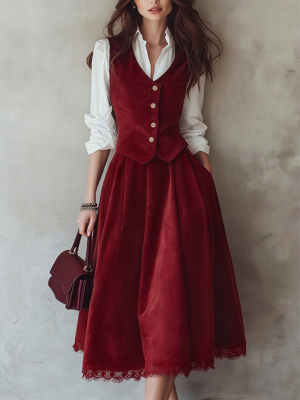Midi Cotton Skirt (Shirt and Vest Not Included), Plain, Pocket Design, Vintage, Wine Red